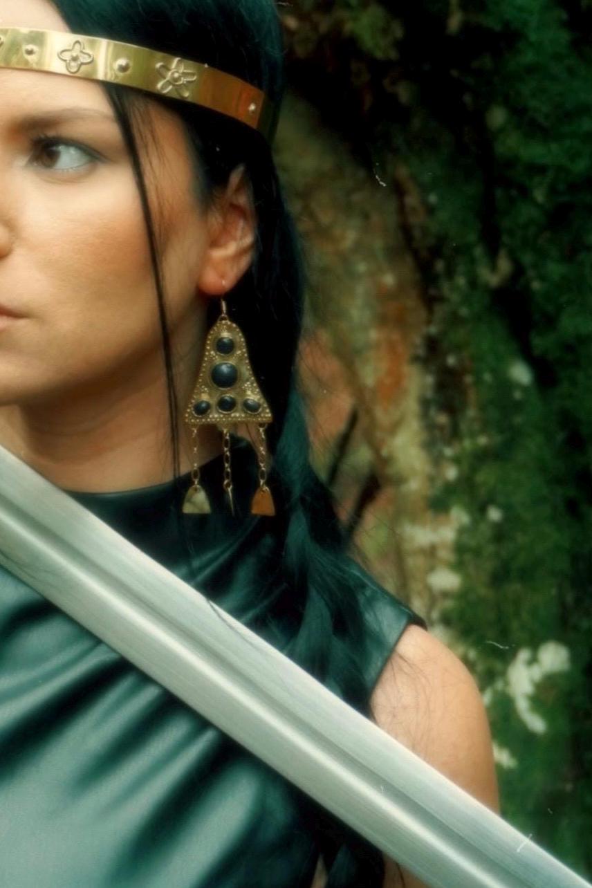 Ygraine Earrings: Medieval Brass Earrings with Onyx, Blue Sunstone, Arthurian Witchy Amulet Jewelry