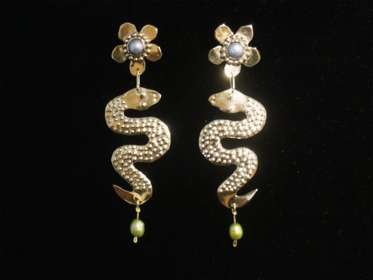 Snake Goddess Earrings: Antique Gold Pearl Earrings, Brass Floral Amulets