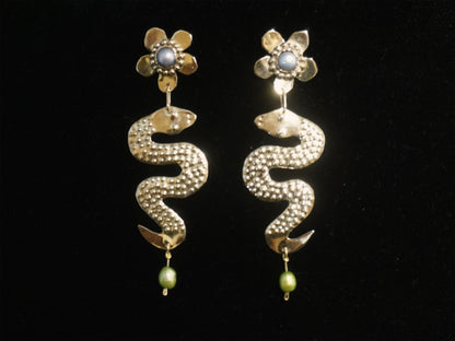 Snake Goddess Earrings: Antique Gold Pearl Earrings, Brass Floral Amulets