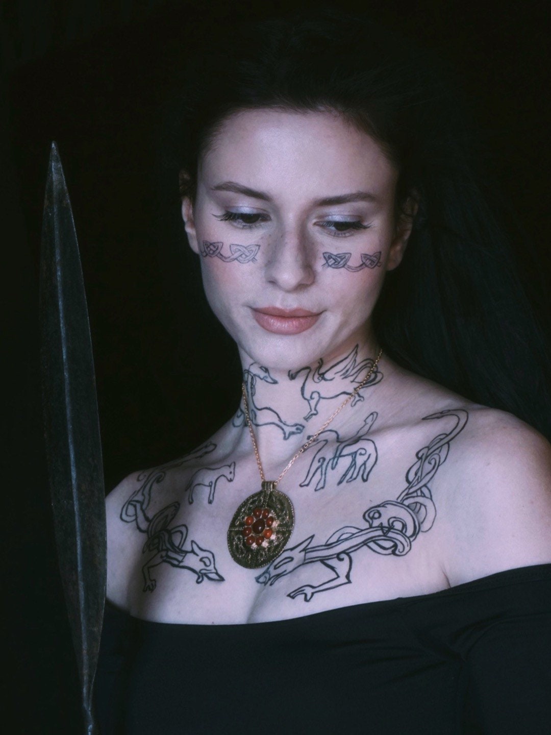 Sutton Hoo Anglo Saxon Necklace: Brass Shieldmaiden Pendant with Red Agate