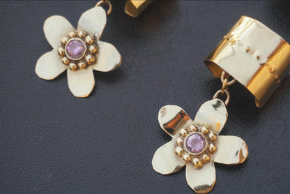 Zimsterla Brass Flower Hair Cuff with Pink Zircon Gemstone (Set of 2)
