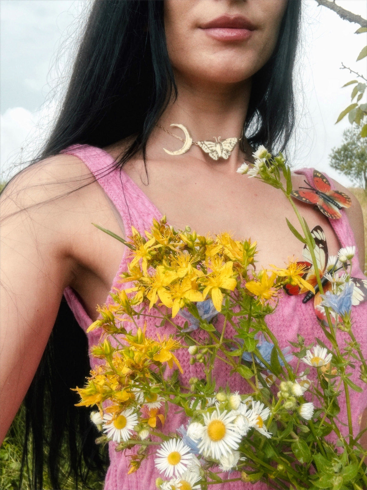 Butterfly Fairy Brass Choker: Crescent Moon Goddess Necklace