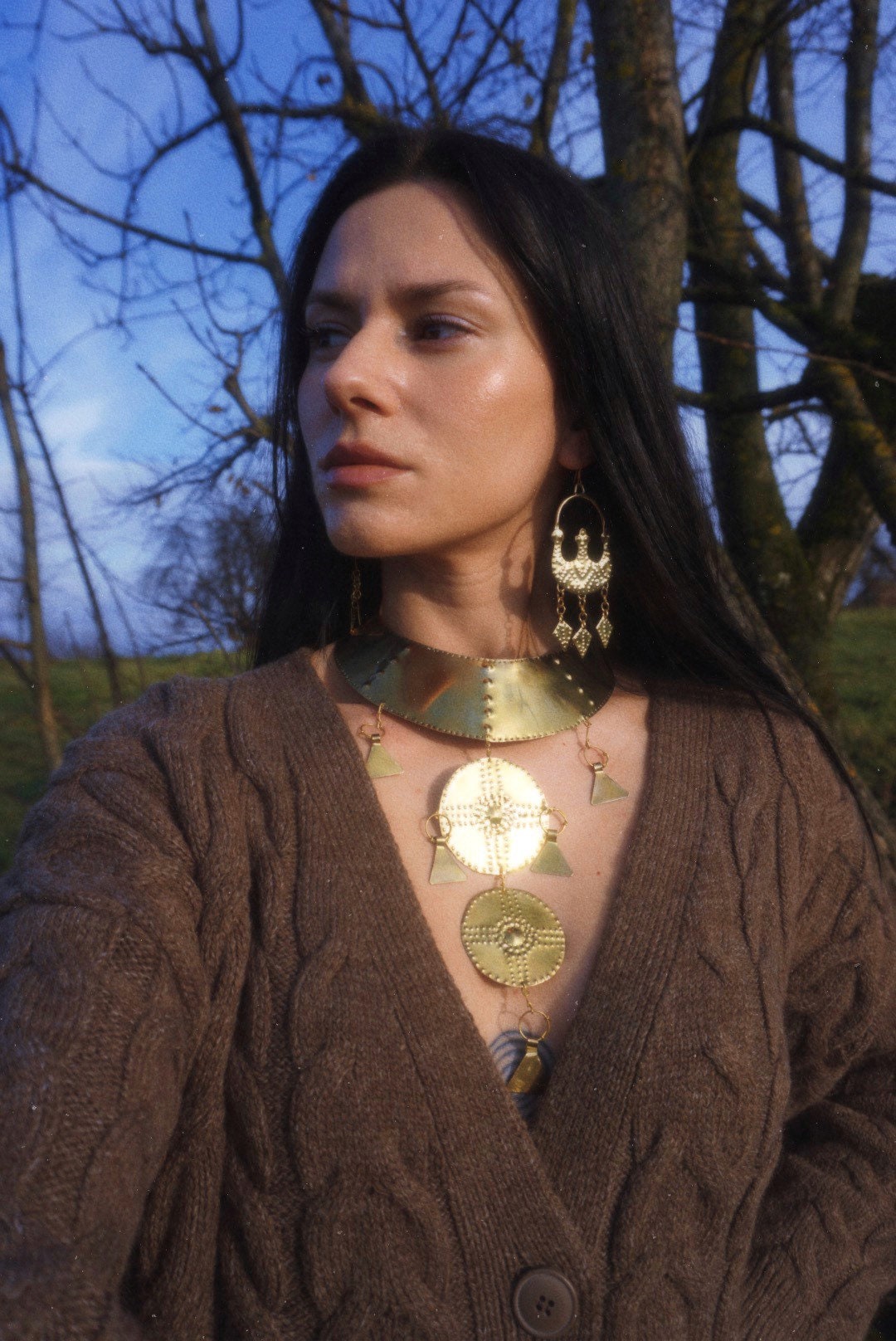 Zevana Handcrafted Brass Lunula Earrings: Slavic Viking Amulet Jewelry