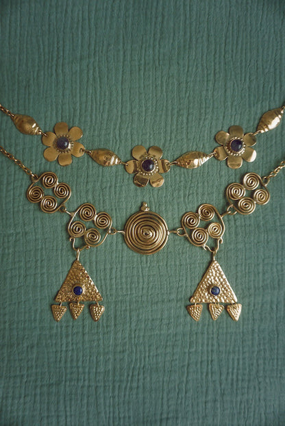 Máni/ Gaya Necklace Set: Floral choker, Bronze Age Spirals, Lapis Lazuli