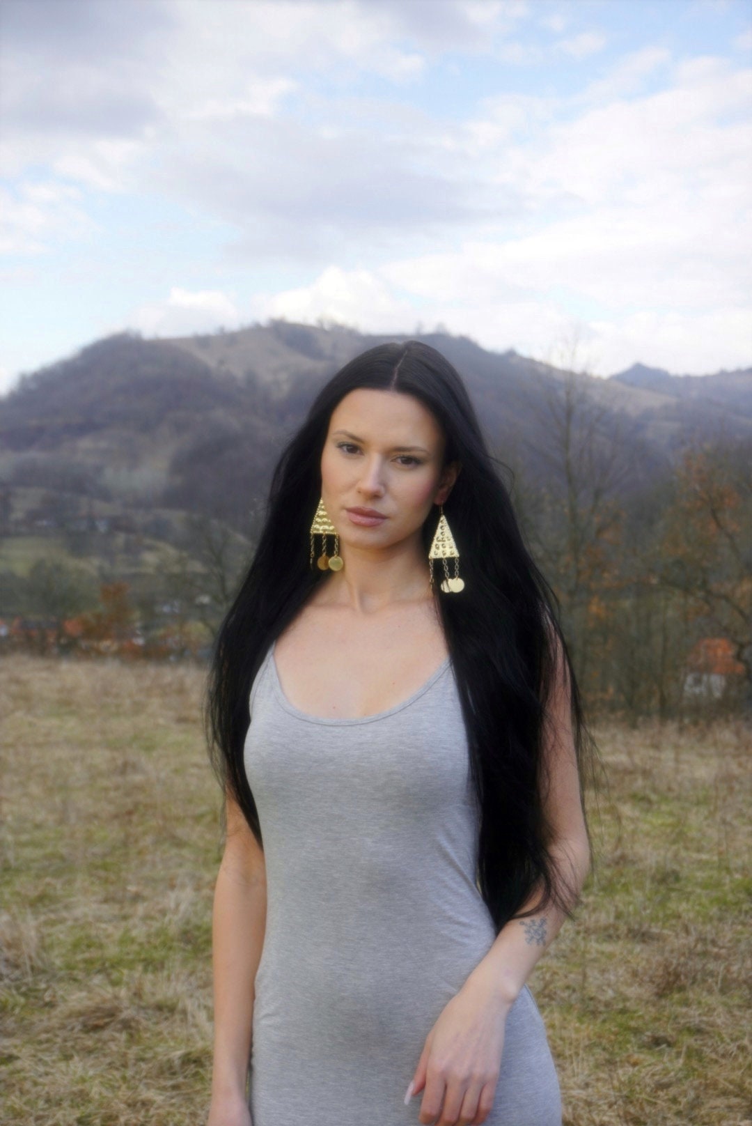 Ziva Brass Triangle Earrings: Ethnic Folklore Jewelry