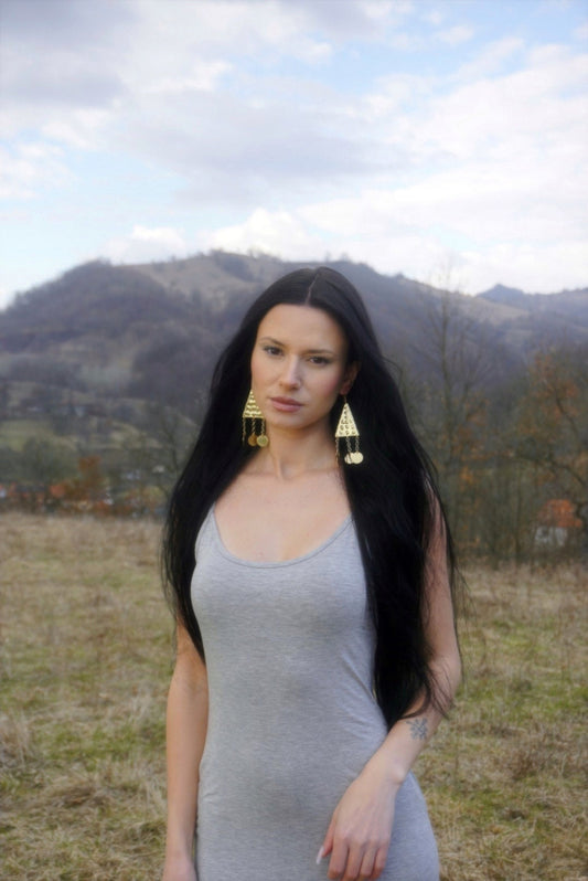 Ziva Brass Triangle Earrings: Ethnic Folklore Jewelry