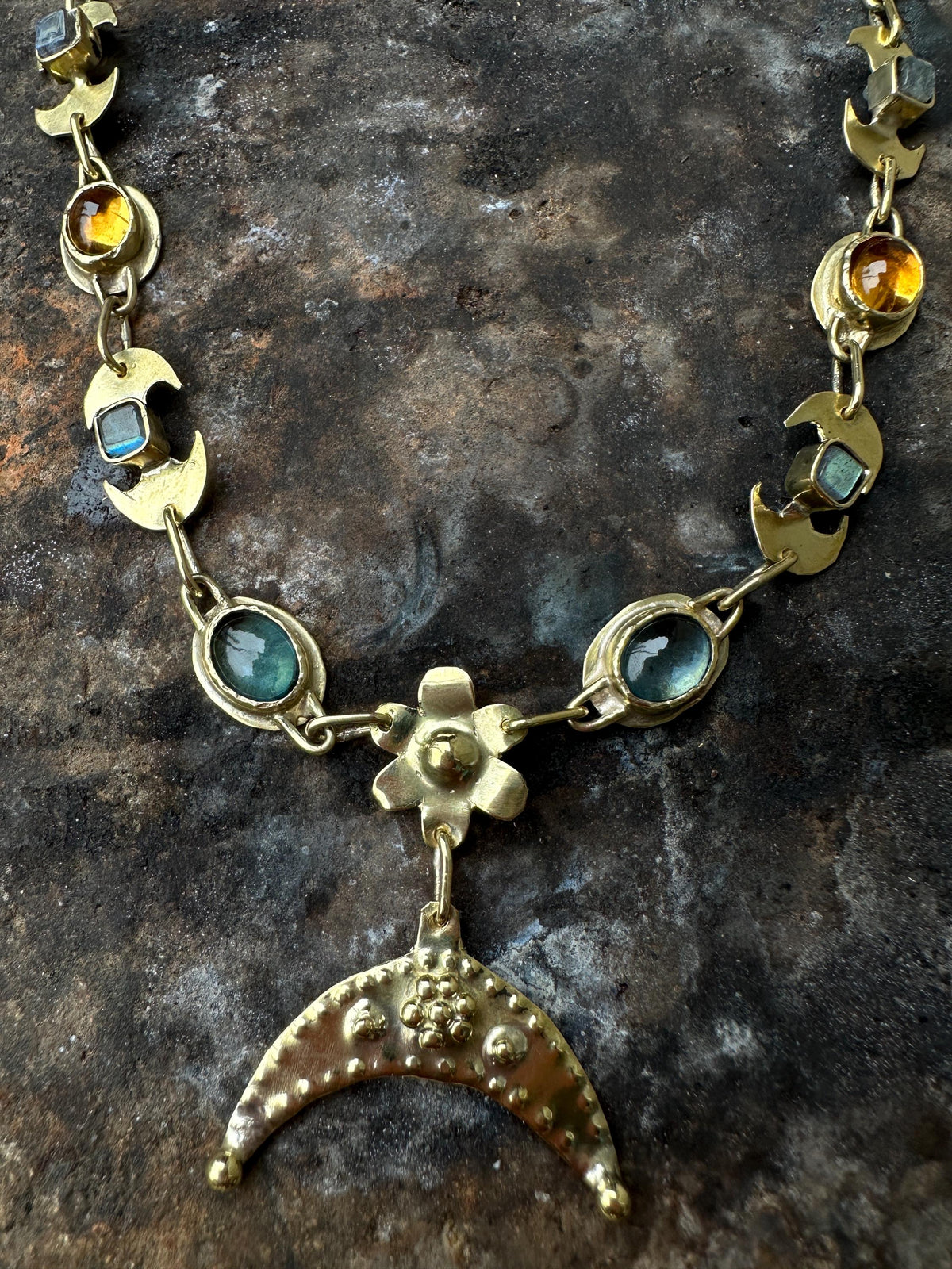 Diana Lunula Necklace: Roman Moon Goddess, Gold Necklace with Natural Gemstones, Ancient inspired Jewelry
