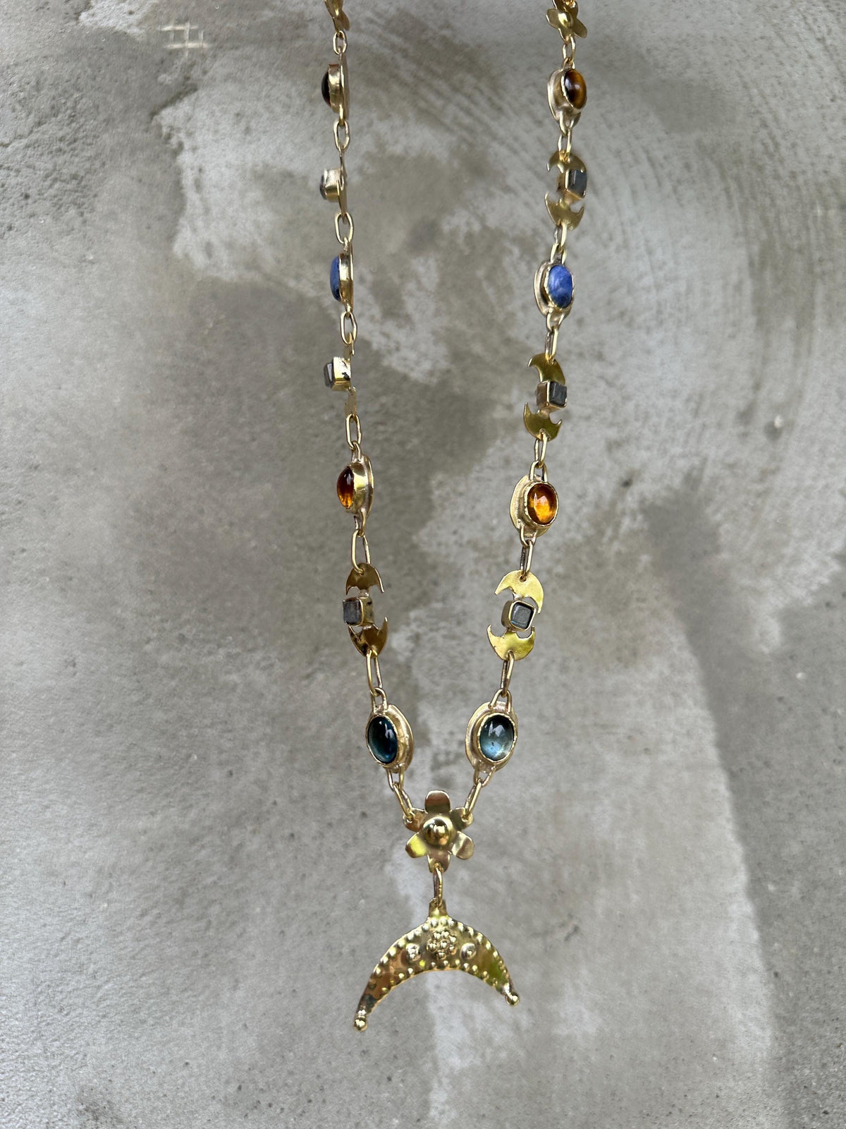 Diana Lunula Necklace: Roman Moon Goddess, Gold Necklace with Natural Gemstones, Ancient inspired Jewelry