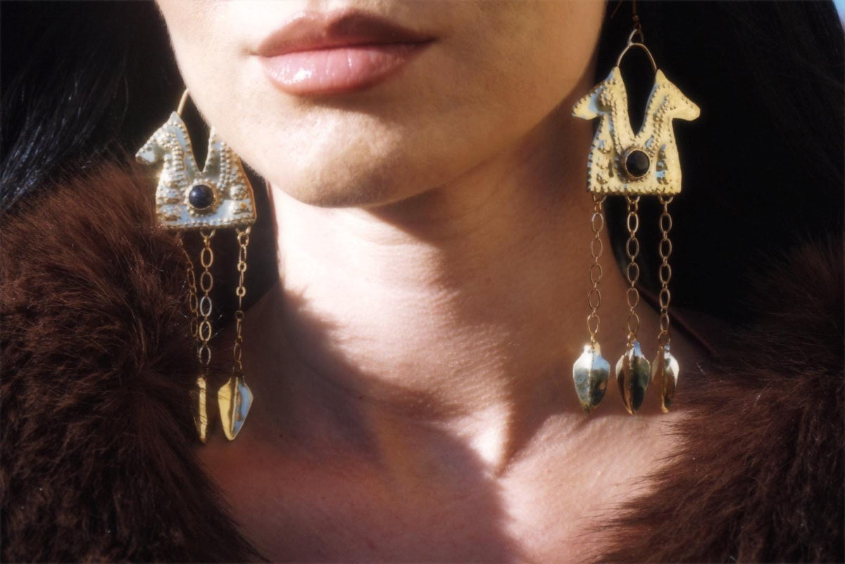 Epona Earrings: Brass Celtic Horse Goddess Goldstone Jewelry