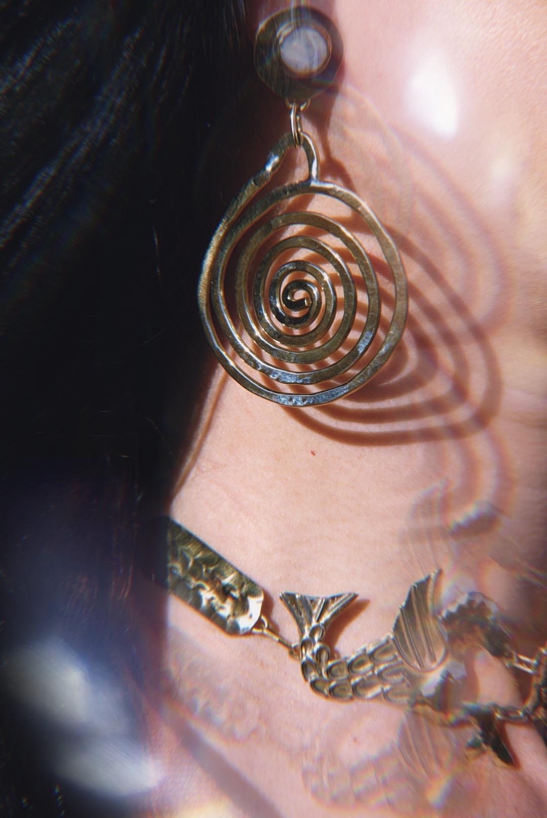 Ondina Brass Spiral Earrings: Moonstone Wave Jewelry