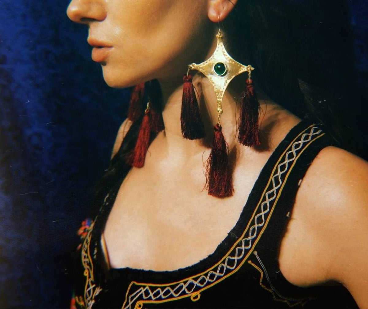The Star Tail Brass Comet Earrings: Green Agate, Burgundy Tassels, Folk Jewelry