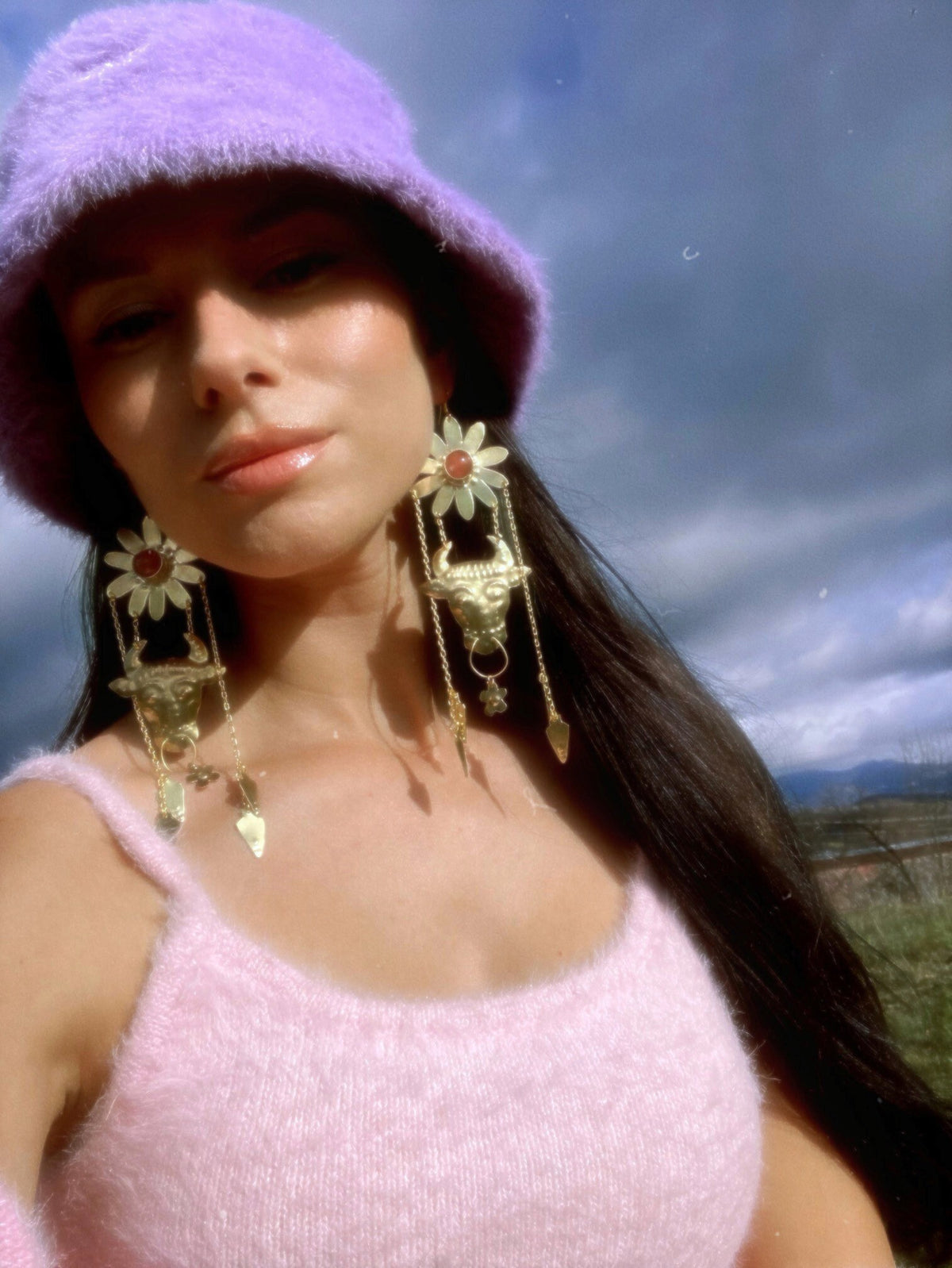 Minotaur II Brass Earrings: Cherry Quartz Flower, Ancient Greek Jewelry