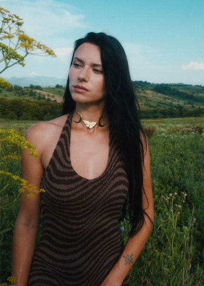Butterfly Fairy Brass Choker: Crescent Moon Goddess Necklace