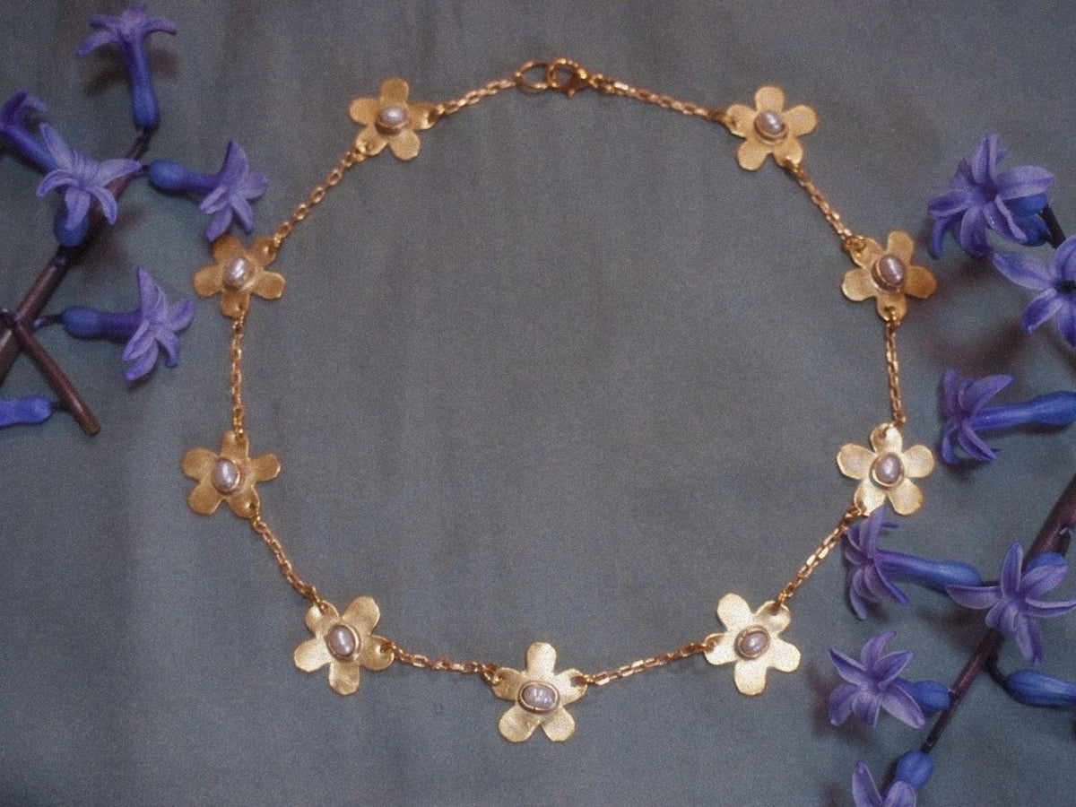 Forget-Me-Not Necklace: Brass Floral Jewelry with Cultured Pearls