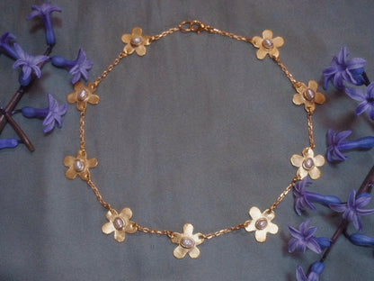 Forget-Me-Not Necklace: Brass Floral Jewelry with Cultured Pearls