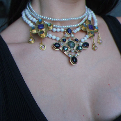 Byzantius & Leofflaed Handmade Necklaces Set: Beaded Pearl Gemstone Choker, Reinassance Jewelry