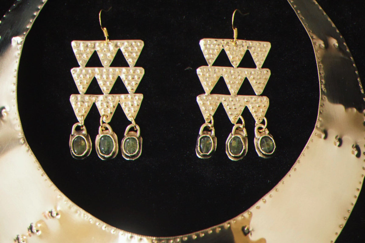 Tumulus Brass Earrings: Peridot gemstones, Bronze Age Jewelry