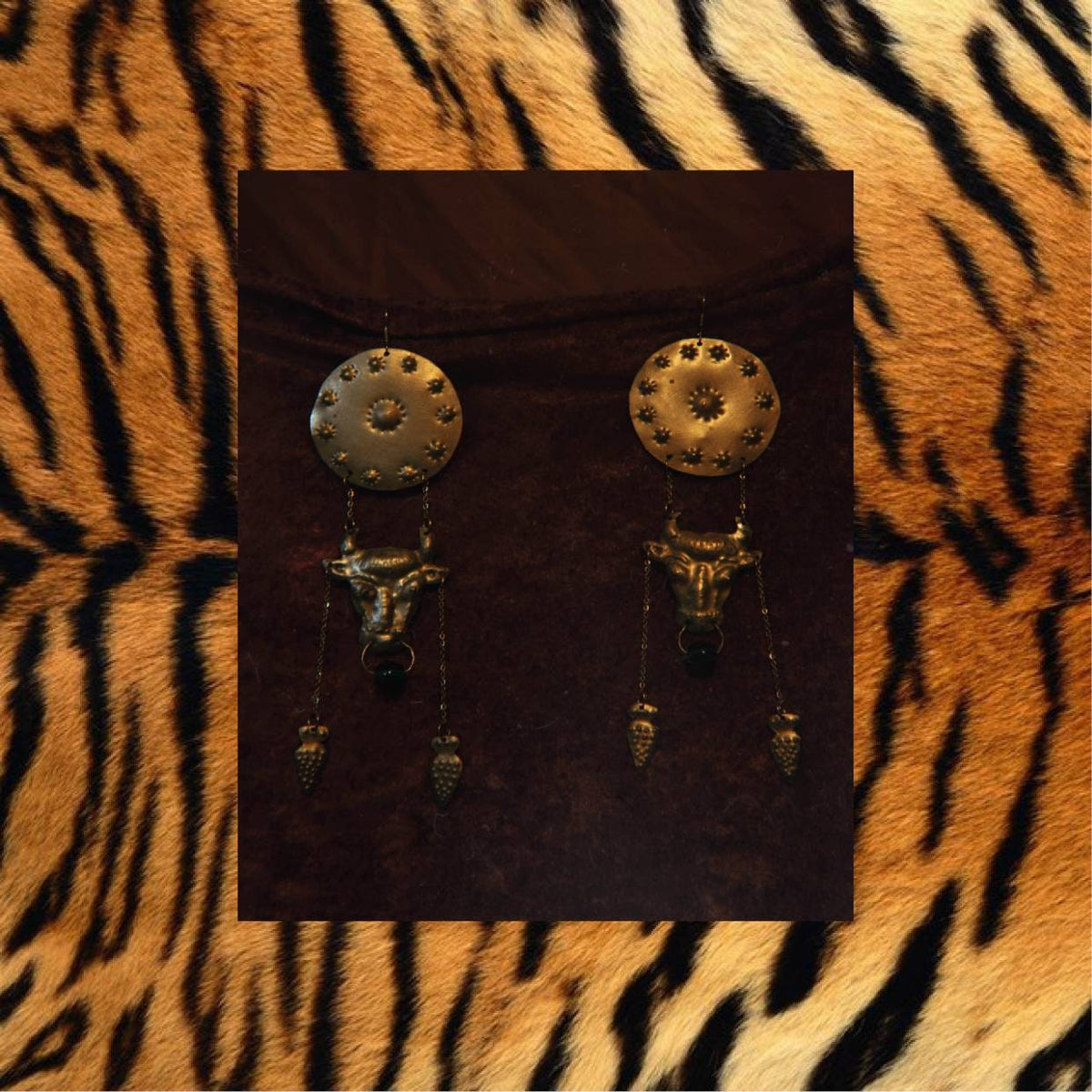 Minotaur Earrings: Handmade Brass Bull Head, Ancient Greek Jewelry