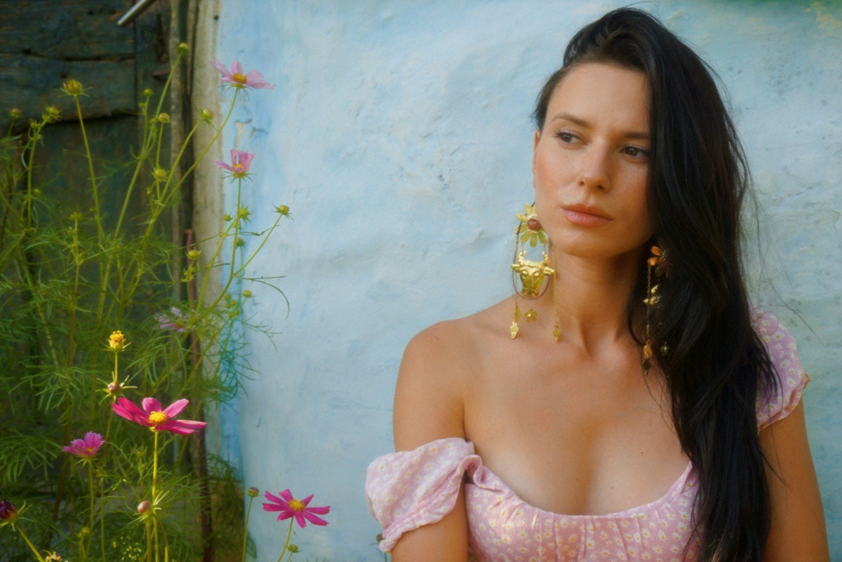 Minotaur II Brass Earrings: Cherry Quartz Flower, Ancient Greek Jewelry