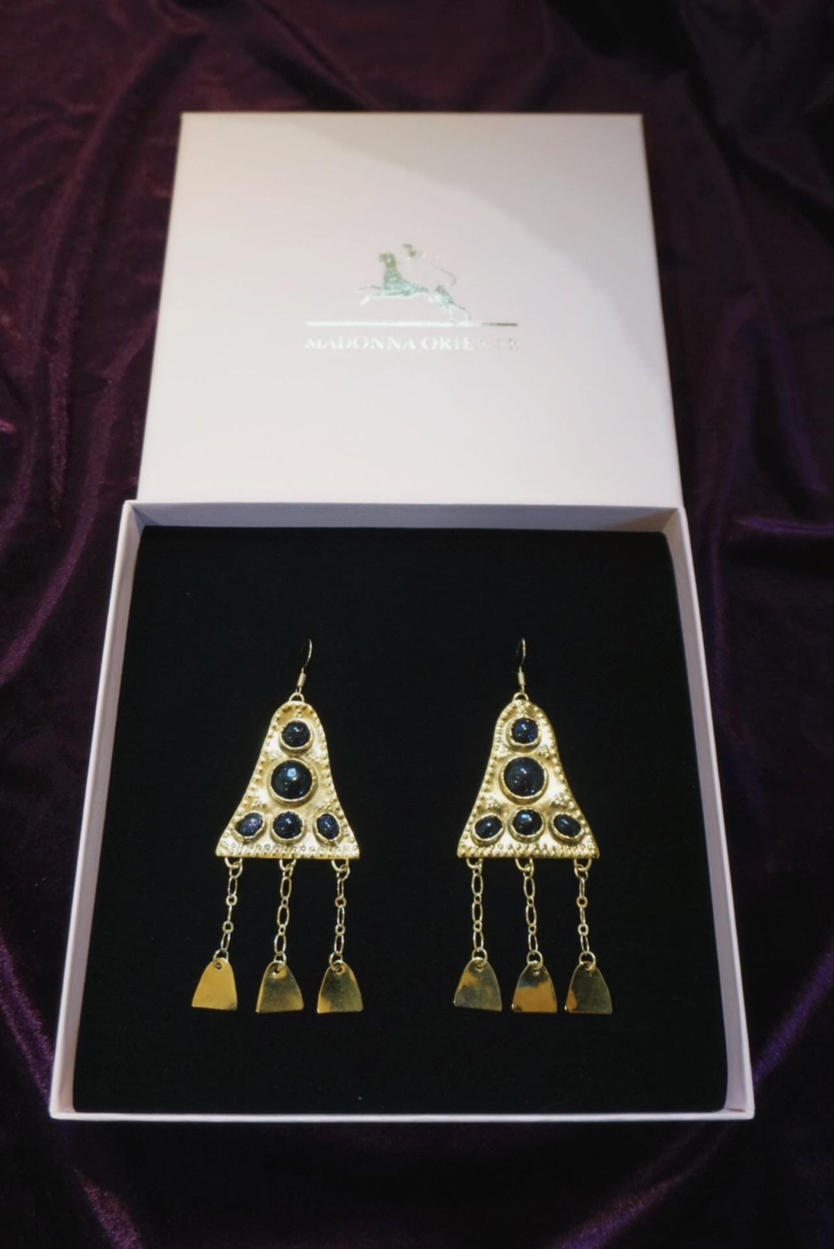 Ygraine Earrings: Medieval Brass Earrings with Onyx, Blue Sunstone, Arthurian Witchy Amulet Jewelry