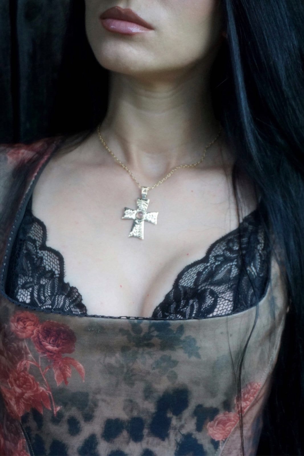 Byzantine Brass Cross Pendant: Pink Agate Medieval Necklace