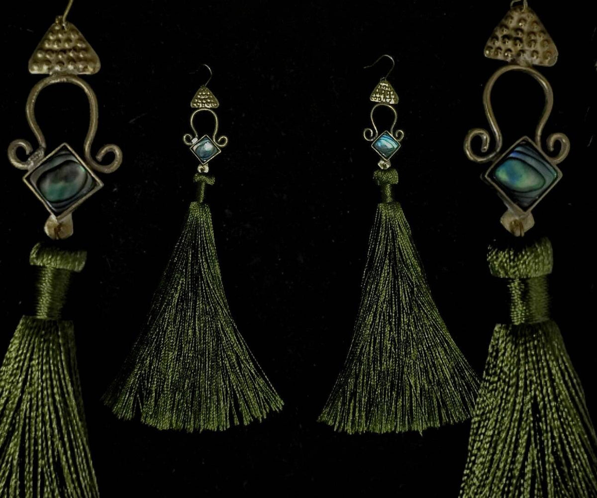 Brass Abalone Goddess Earrings: Folk Jewelry with Green Tassels