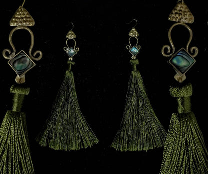 Brass Abalone Goddess Earrings: Folk Jewelry with Green Tassels