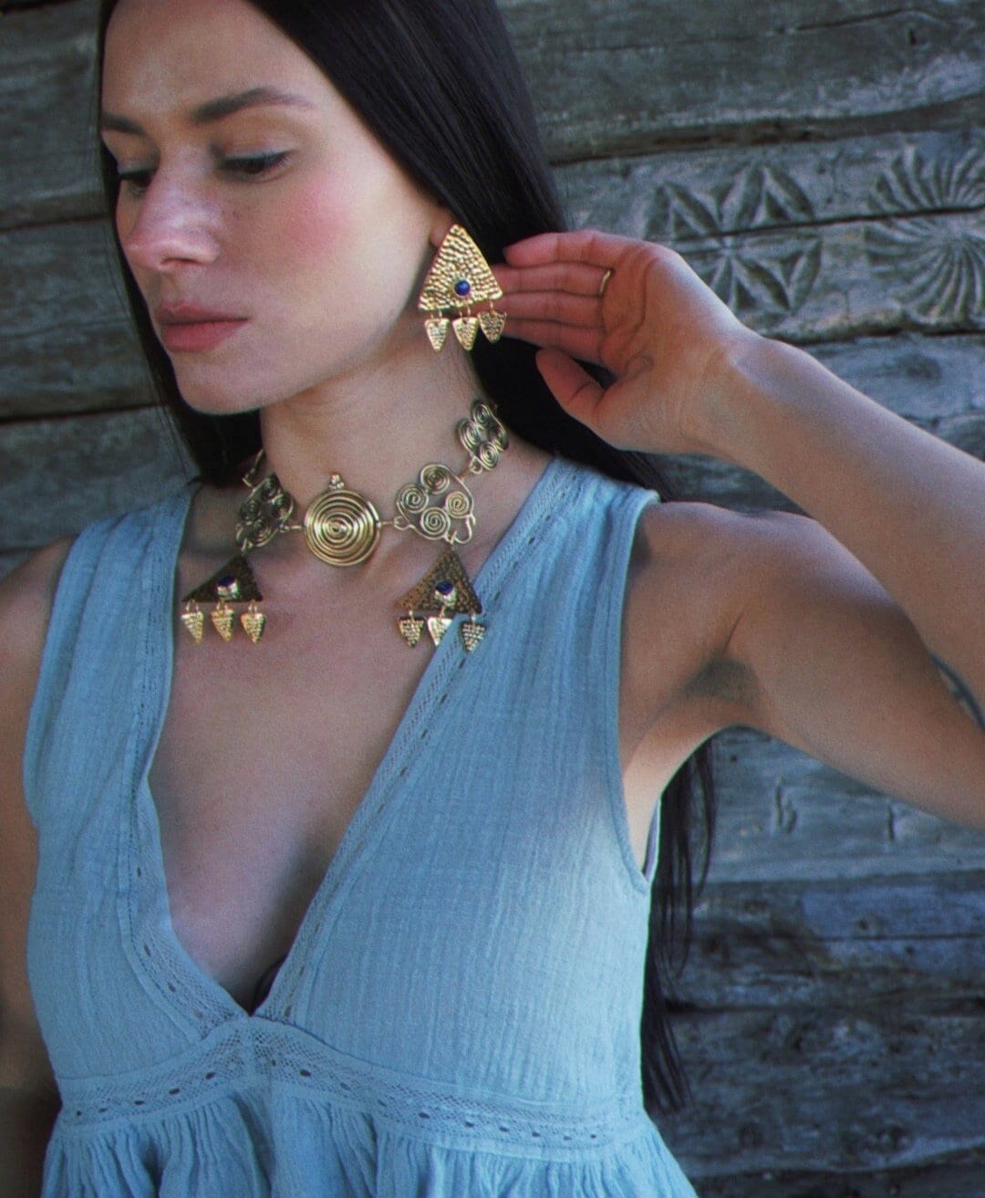 Máni Brass Lapis Lazuli Earrings: Nordic Shieldmaiden Jewelry