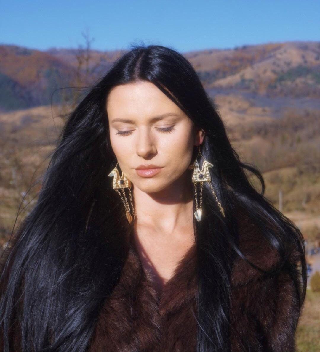 Epona Earrings: Brass Celtic Horse Goddess Goldstone Jewelry