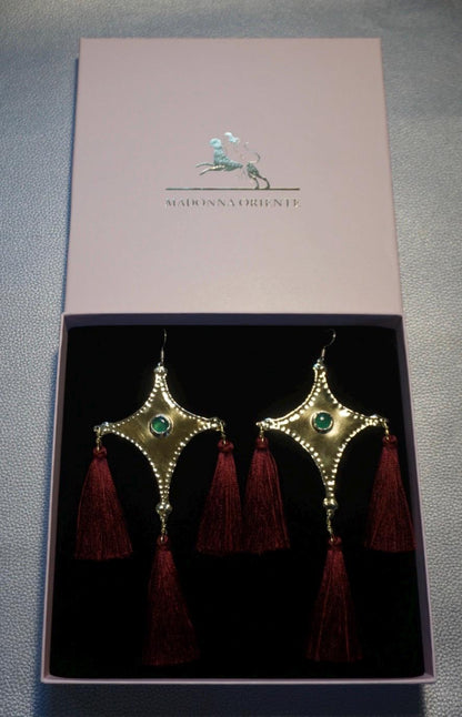 The Star Tail Brass Comet Earrings: Green Agate, Burgundy Tassels, Folk Jewelry