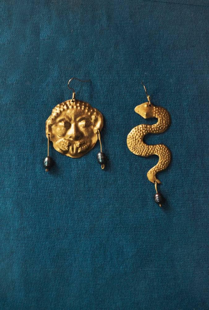 Handmade Brass Gorgon Medusa Earrings: Snake Amulet Jewelry