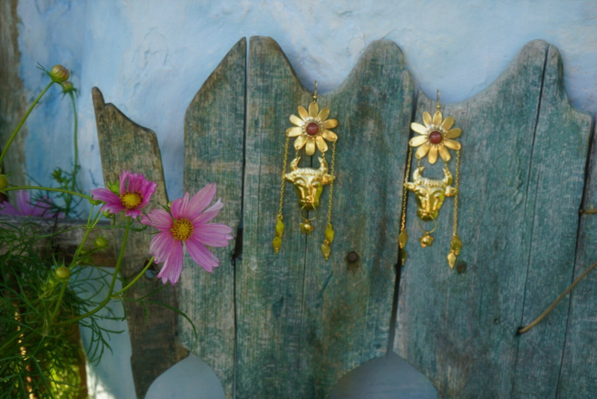 Minotaur II Brass Earrings: Cherry Quartz Flower, Ancient Greek Jewelry