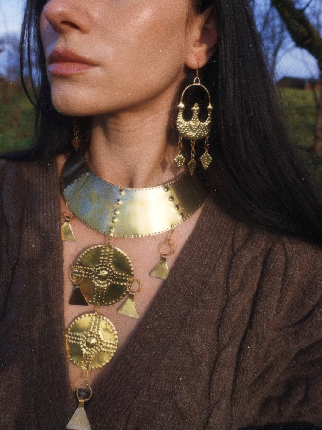 Bronze Age Shield Necklace: Handmade Brass Viking Collar Costume Statement Necklace