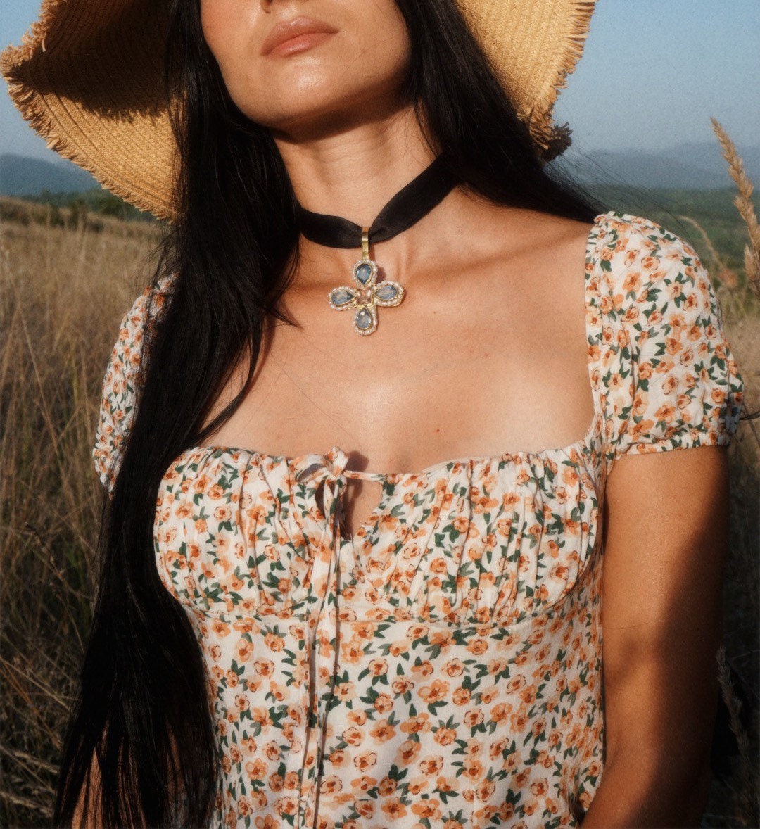 Sifflæd Byzantine Cross Pendant: Cubic Zirconia & Pearl Brass Necklace (PRE-ORDER ITEM)