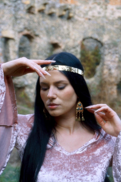Dindraine Earrings: Early Medieval Brass Earrings, Blue Gemstone Fantasy Jewelry
