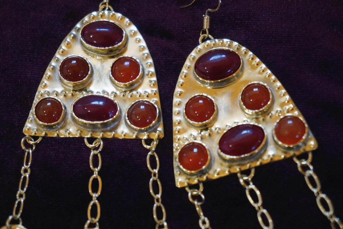 Ragnell Earrings: Medieval Brass Carnelian Earrings, Red Agate Fire Amulet, Arthurian Jewelry