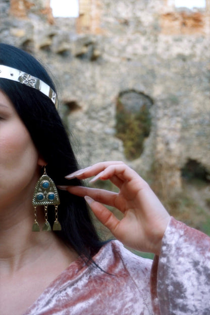 Dindraine Earrings: Early Medieval Brass Earrings, Blue Gemstone Fantasy Jewelry