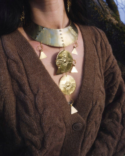 Bronze Age Shield Necklace: Handmade Brass Viking Collar Costume Statement Necklace