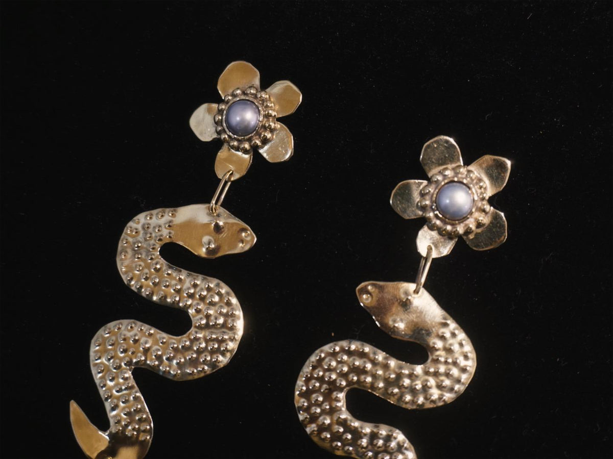 Snake Goddess Earrings: Antique Gold Pearl Earrings, Brass Floral Amulets