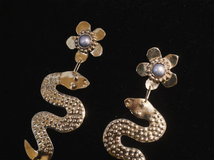 Snake Goddess Earrings: Antique Gold Pearl Earrings, Brass Floral Amulets