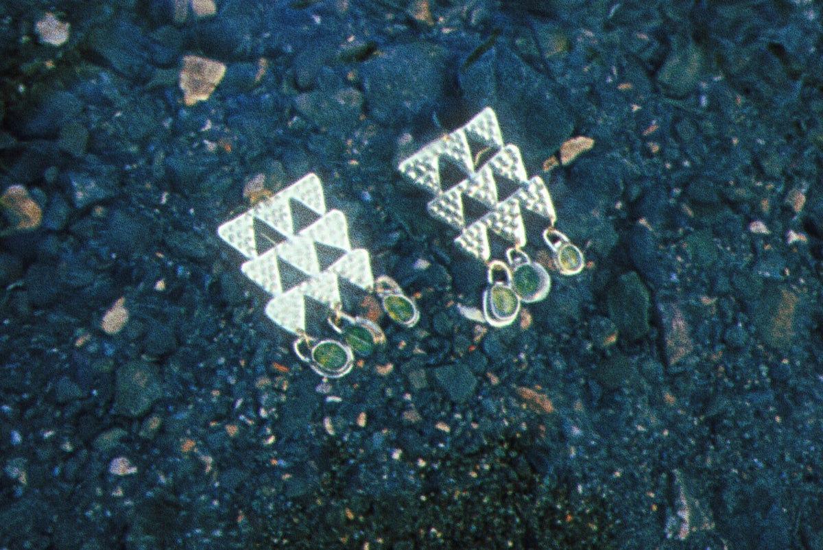 Tumulus Brass Earrings: Peridot gemstones, Bronze Age Jewelry
