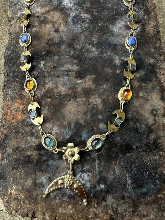 Diana Lunula Necklace: Roman Moon Goddess, Gold Necklace with Natural Gemstones, Ancient inspired Jewelry