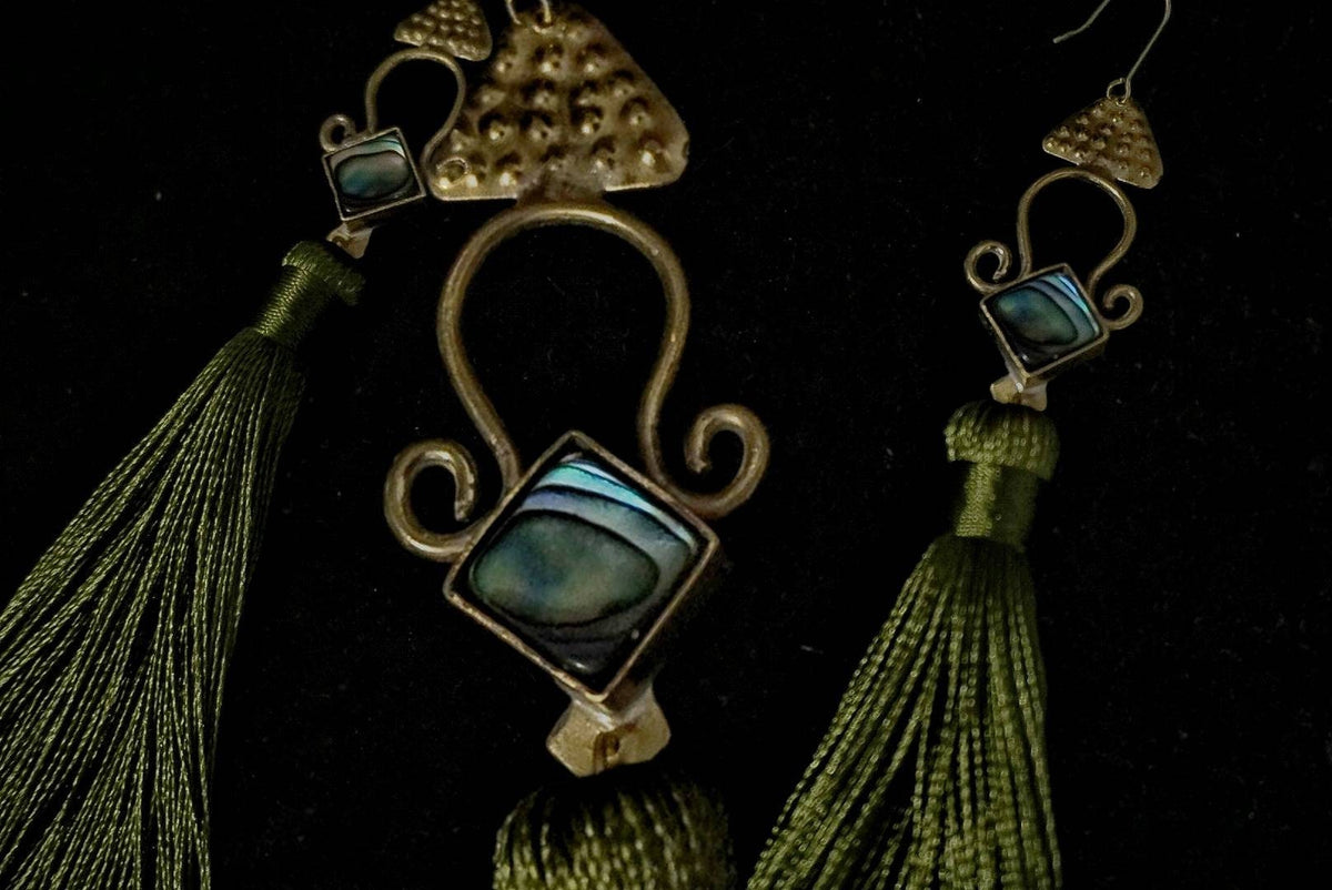 Brass Abalone Goddess Earrings: Folk Jewelry with Green Tassels
