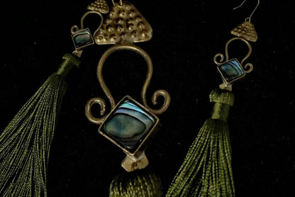 Brass Abalone Goddess Earrings: Folk Jewelry with Green Tassels