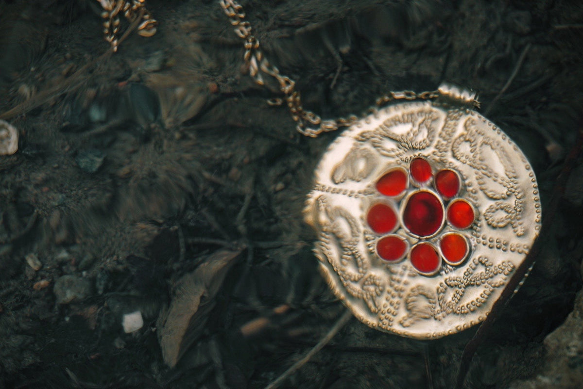 Sutton Hoo Anglo Saxon Necklace: Brass Shieldmaiden Pendant with Red Agate