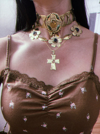 Byzantine Brass Cross Pendant: Pink Agate Medieval Necklace