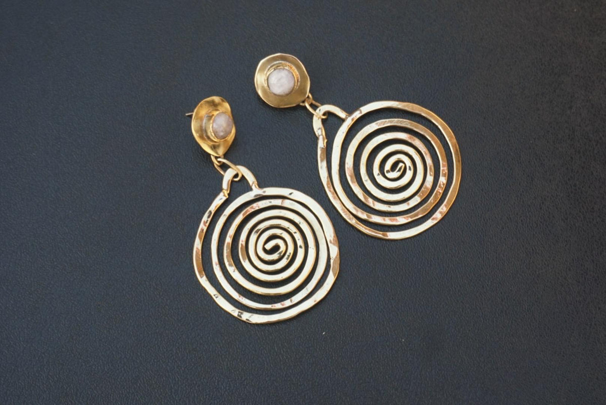 Ondina Brass Spiral Earrings: Moonstone Wave Jewelry